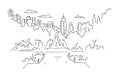 City park with a fountain. Panorama sketch. Big city view. Building skyscrapers landscape on the background. Hand drawn