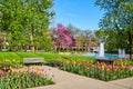 City park with fountains and stunning spring tulip garden of all colors Royalty Free Stock Photo