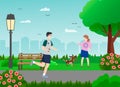 City Park. The girl is playing with a puppy. The man is jogging. Vector illustration. Royalty Free Stock Photo