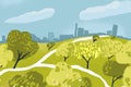 City park with green hand drawn trees and lanes. Urban summer landscape with blue clouds sky. Vector horizontal