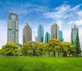 City park greenbelt with modern building Royalty Free Stock Photo