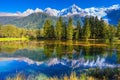 The lake reflected the snow-capped Alps and evergreen spruce Royalty Free Stock Photo