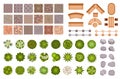 City park landscape design map elements top view. Garden trees and plant, benches, road path tile and rocks from above Royalty Free Stock Photo