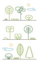 City Park landscape elements vector icons set. Line trees, flowers, bushes, clouds, stones, grass and plant. Design graphic outlin