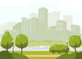 City park landscape flat vector illustration. Spring or summer park with green trees, walkway,lantern, river and river tram