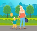 City park, mom and son are walking. Boy carries a balloon, mom carries a bag. Flat vector image
