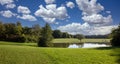 City park in Munich, Germany. Grass field, trees and a pond in the afternoon Royalty Free Stock Photo