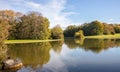 City park in Munich, Germany. Grass field, trees and reflections in a pond Royalty Free Stock Photo