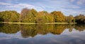 City park in Munich, Germany. Grass field, trees and reflections in a pond Royalty Free Stock Photo