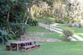 City park with natural lake, geese, and wooden table with benches Royalty Free Stock Photo