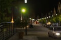 city park at night with lamps and boulevard with trees in south