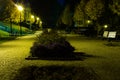 City park in the night scenery with a place to rest. Landscape of night city park in the spring. Benches, paths and lights. Royalty Free Stock Photo