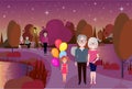City park outdoors girl hold balloons grandparents wooden bench street lamp river lawn trees on city buildings template Royalty Free Stock Photo