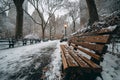 City park pathway lined with benches and bare trees during winter snowfall Royalty Free Stock Photo
