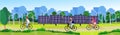 City park people cycling clean energy wind turbines solar energy panels river green lawn trees on city buildings Royalty Free Stock Photo