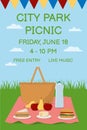 City park picnic poster or banner design template. Picnic basket with cheese, apples, pears, water bottle, burger and