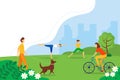 City park with relaxed people. People doing yoga, cycling, walking the dogs. Summer vector illustration. Vacation