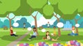 City park relaxing people chat bubbles sitting green lawn using laptop picnic man woman trees landscape background