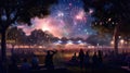 City Park Scene With A Community Concert Picnic Blankets And A Fireworks Finale. Generative AI