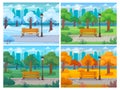 City park seasons. Summer, autumn, winter and spring time panoramic landscape of town garden. Urban outdoor background vector set