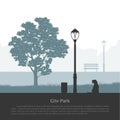 City Park Silhouette. Industrial Outdoor Landscape. Nature Scene With Tree And Dog Near Lantern. Urban Scene