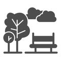 City park solid icon, nature concept, trees, sky and bench sign on white background, urban public place icon in glyph Royalty Free Stock Photo