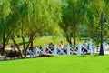 Tiraspol, Transnistria, Moldova - September 6, 2020: central city park on a summer day, people walking and children playing, stree