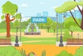 City park at summer landscape, nature vector illustration, green grass and tree, enterance PARK text, outdoor urban