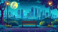 City park in summer with a walkway road outside public garden. Full moon in sky and neon skyscraper window glow at night Royalty Free Stock Photo