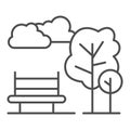 City park thin line icon, nature concept, trees, sky and bench sign on white background, urban public place icon in Royalty Free Stock Photo