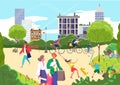 City park, vector illustration. People man woman outdoor lifestyle, summer leisure walk at nature. Cartoon young adult Royalty Free Stock Photo