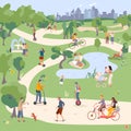 City Park vector illustration, people in city parkland ride bike, monocycle, Segway, skateboard and scooter. Family have Royalty Free Stock Photo