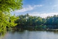 City park in the warm and sunny day during the autumn season. Landscape fulfilled of sunlight Royalty Free Stock Photo