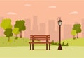 City Park wooden bench, lawn and trees, trash can. Walkway and Street light. Town and city park landscape nature.  illustration Royalty Free Stock Photo