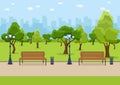 City Park wooden bench, lawn and trees, trash can. Walkway and Street light. Town and city park landscape nature. Vector Royalty Free Stock Photo