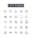 City parks line icons collection. Urban gardens, Metropolitan squares, Suburban trails, Country meadows, Coastal cliffs