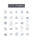 City parks line icons collection. Urban gardens, Metropolitan squares, Suburban trails, Country meadows, Coastal cliffs