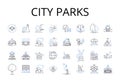 City parks line icons collection. Urban gardens, Metropolitan squares, Suburban trails, Country meadows, Coastal cliffs