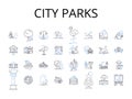 City parks line icons collection. Urban gardens, Metropolitan squares, Suburban trails, Country meadows, Coastal cliffs