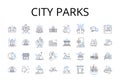 City parks line icons collection. Urban gardens, Metropolitan squares, Suburban trails, Country meadows, Coastal cliffs