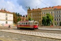 City tram. Eco-friendly electric public transport. August 22, 2022 Prague Czech Republic.