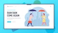 City Passers-by at Wet Rainy Autumn or Spring Weather Website Landing Page. Happy Drenched People with Umbrella