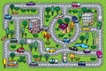 City pattern. Roads, cars, grass areas background