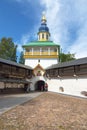 The city of Pechora. Russia. Holy Gates and Peter`s Tower. Holy Dormition Pskov-Pechersk Monastery
