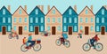 City with people ride bike, vector illustration, flat man woman character use bicycle near urban building outdoor Royalty Free Stock Photo