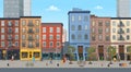 City with people and shops: boutique, cafe, bookstore.Vector illustration in flat style. Background for games and mobile