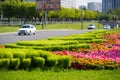 City photo, Flowerbeds in the city, in the background motorway with cars, Russia Naberezhnye Chelny 18.08.2018