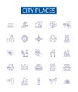 City places line icons signs set. Design collection of Town, Metropolis, Village, Borough, Settlement, Suburb, Plaza
