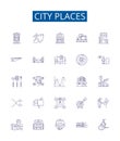 City places line icons signs set. Design collection of Town, Metropolis, Village, Borough, Settlement, Suburb, Plaza
