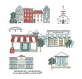 City places set with buildings in flat design. Cafe restaurant, music theater, house, Cathedral, barn, museum, mill, station,